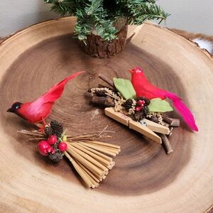 Set of 2 Vintage Feathered Bird Ornaments Holiday Wreath Decor